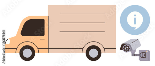Delivery truck alongside security cameras and info badge highlights transportation, safety, and monitoring. Ideal for logistics, tracking, transportation, data, business security efficiency. Simple