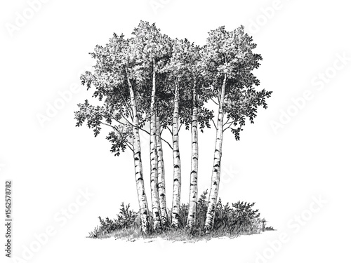 Hand-drawn vintage engraving of birch forest, botanical art print, tree bark texture, eco-friendly nature decor, black sketch illustration, rustic wall art, retro floral elements, natural forest theme