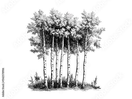Birch tree forest vintage engraving, botanical hand-drawn illustration, nature print wall decor, eco-friendly design, tree bark texture, rustic floral art, black sketch style, trendy forest artwork