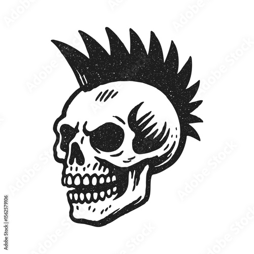 Punk skull with mohawk, vintage black and white illustration with textured style.