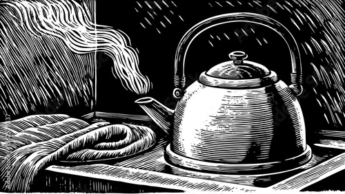 tea kettle with steam rising gently, suitable for kitchenware branding, home illustrations or beverage menus a black and white line art illustration