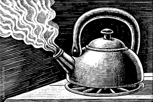 tea kettle with steam rising gently, suitable for kitchenware branding, home illustrations or beverage menus a black and white line art illustration