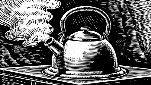 tea kettle with steam rising gently, suitable for kitchenware branding, home illustrations or beverage menus a black and white line art illustration