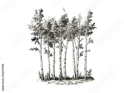 Vintage hand-drawn birch tree forest engraving, botanical illustration, nature print, tree bark texture, eco-friendly wall art, retro floral design, rustic forest decor, black sketch