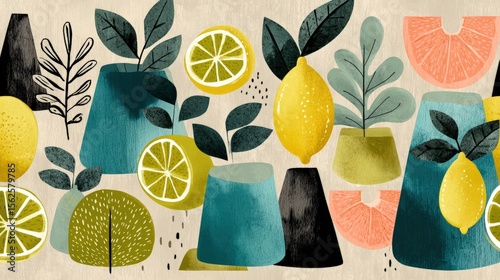 Colorful illustration of lemons and leaves in abstract pots against a textured background