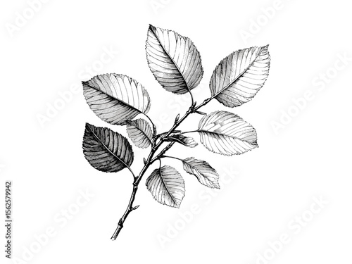 Vintage hand-drawn engraving of birch tree leaves, botanical illustration, eco-friendly print, retro woodland design, black sketch, old engraving style, nature foliage art, rustic decor