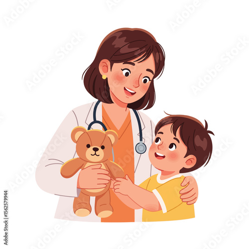 A friendly pediatrician comforts a young boy during a checkup, holding a teddy bear.