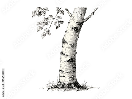 Birch Tree Trunk engraving, vintage botanical art, birch bark detail, rustic eco-friendly print, black sketch style, old engraving look, retro woodland decor, nature wall hanging, forest illustration