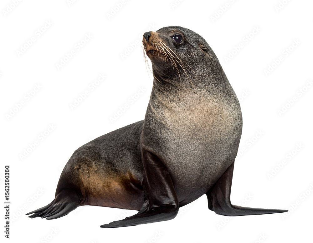 Naklejka premium A realistic South American fur seal, isolated on a white background, a common marine mammal of the region.
