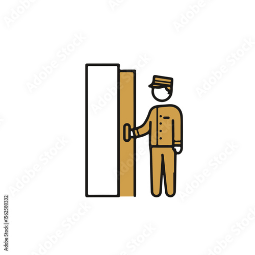 Hotel staff opening door in uniform with a welcoming gesture  