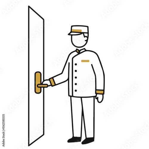 Doorman opening hotel door wearing uniform in simple outline style  