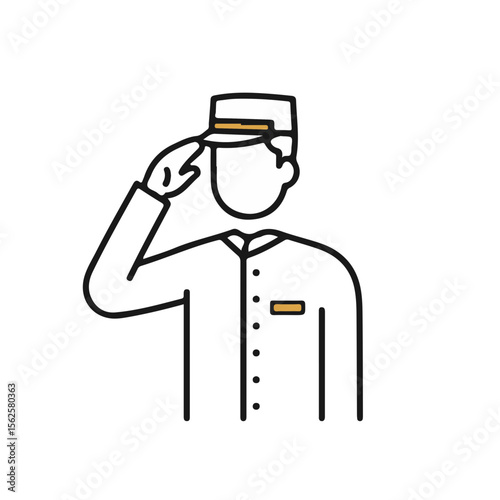 Doorman saluting while wearing a uniform and hat in hotel setting  