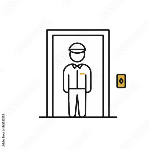 Elevator operator standing in doorway with uniform and cap  