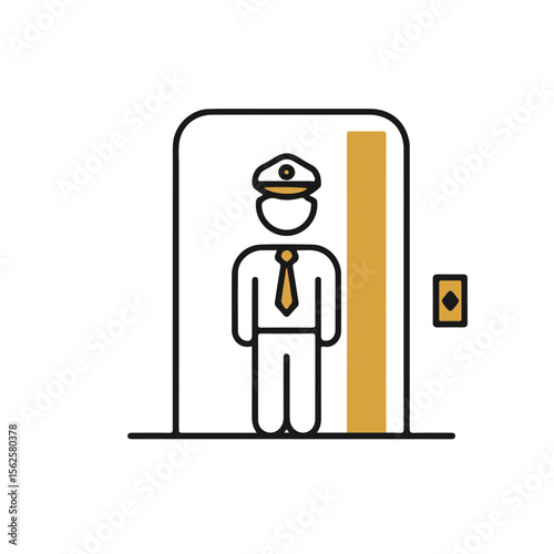 Elevator operator standing inside hotel lift in uniform and cap  