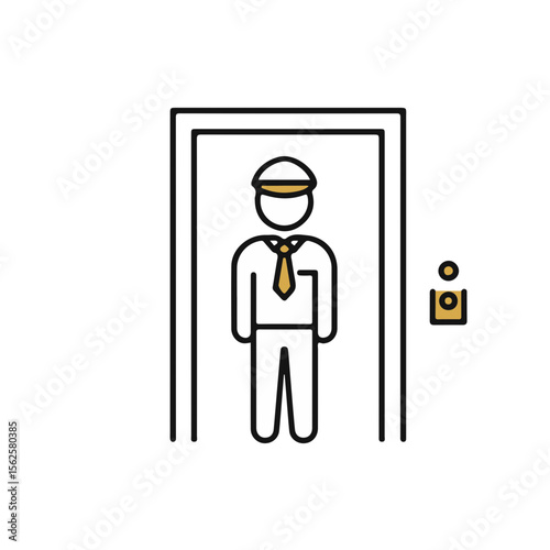 Elevator operator standing in doorway with uniform and cap  