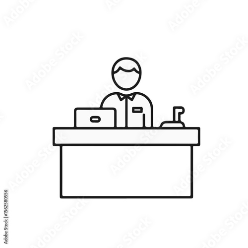 Hotel concierge at front desk working in minimalistic style  