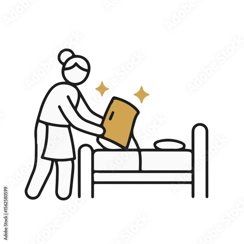 Housekeeper making bed and arranging pillows in hotel room  