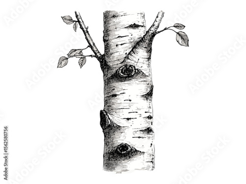 Vintage hand-drawn engraving of Birch Tree Trunk, botanical art, birch bark texture, rustic tree decor, eco-friendly print, retro woodland design, black sketch, nature wall art, forest illustration