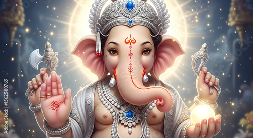 Ganpati Bappa Idol with Divine Glow and Traditional Jewelry Holding Spiritual Objects Surrounded by Celestial Light and Sacred Vibes in Festive Background, Ganesh Chaturthi 