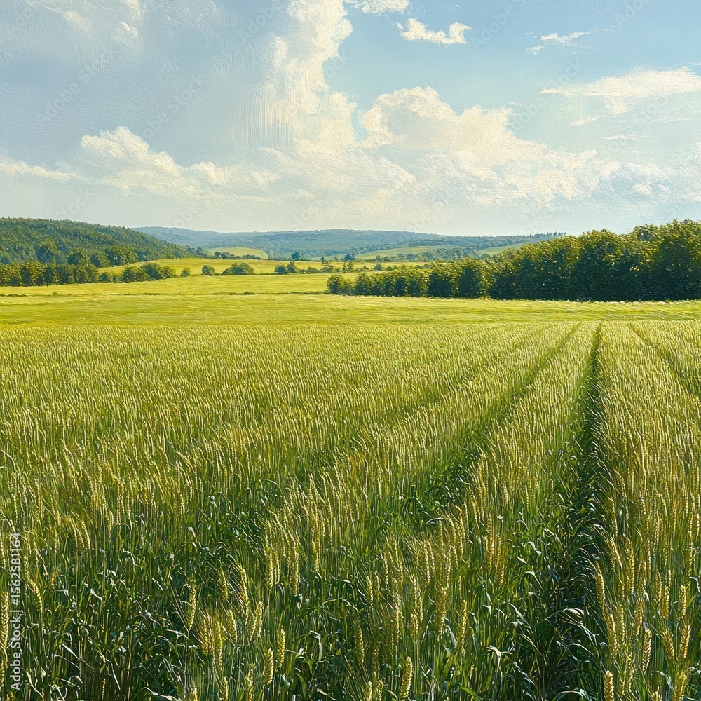 Fototapeta premium Expansive golden wheat field under a bright blue sky with scattered white clouds and distant forested hills, evoking calm and natural beauty