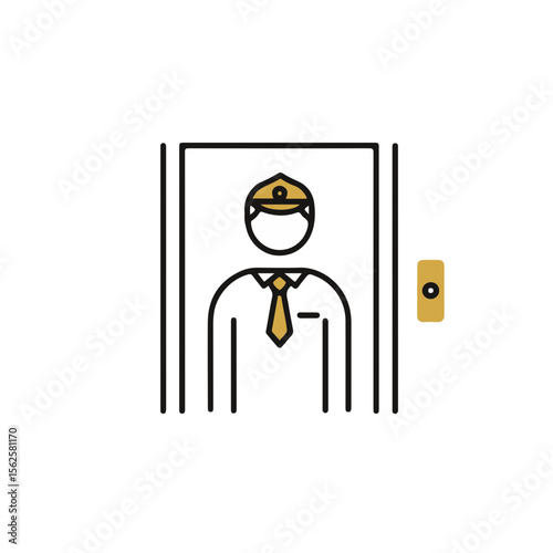 Elevator operator standing at door in minimalist line art style  