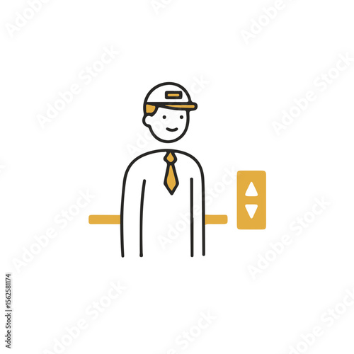 Minimalist illustration of elevator operator smiling with button indicator  