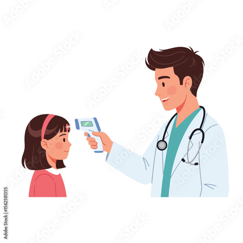 A doctor is checking a young girl's temperature with a non-contact thermometer.