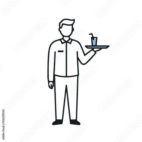Waiter holding tray with drink while standing in uniform by poolside  