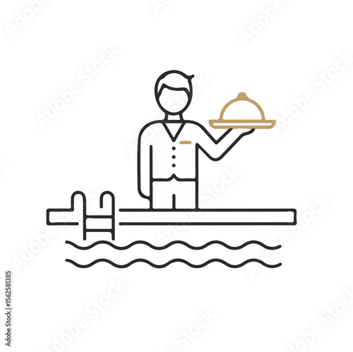 Waiter serving food on tray while standing poolside in summer  