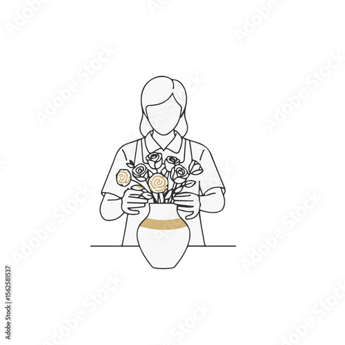 Woman arranging flowers in a vase with a neutral background - Concept of Hotel staff  