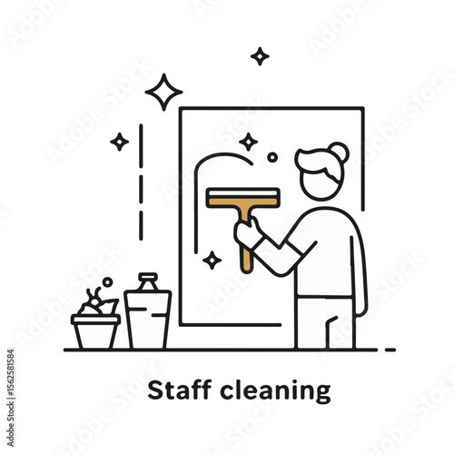 Staff cleaning window with squeegee in modern interior setting  
