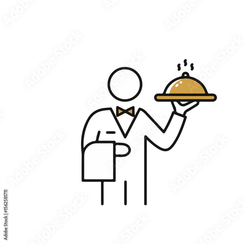 Waiter serving food on a tray with a napkin and bowtie  