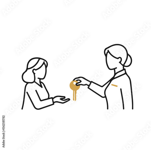 Woman receiving a key from hotel staff in minimal line art style  