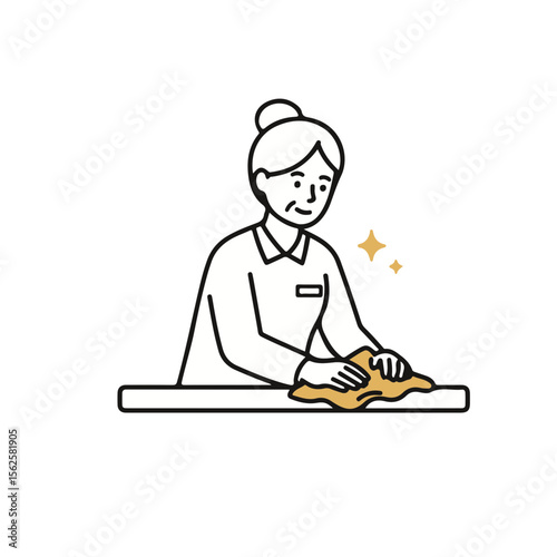 Mature woman cleaning a surface with a cloth in a minimal style  