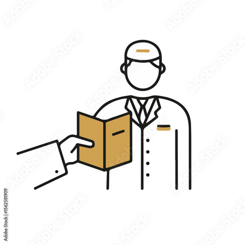 Hotel staff member receiving a guest's document in a formal setting  