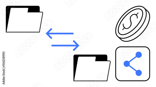 Two folders connected by arrows, a currency coin, and a sharing icon. Ideal for file transfer, digital transactions, data exchange, collaboration, fintech, networking simple landing page