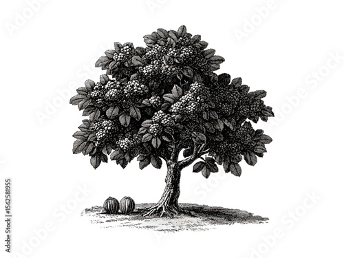 Hand-drawn Black Walnut Tree sketch, vintage botanical engraving, walnut bark texture, rustic nature decor, retro woodland art, eco-friendly plant illustration, antique tree drawing, classic engraving
