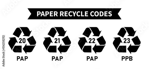 Paper recycling code icon set, paper cardboard boxes recycling codes 20, 21, 22, 23 industrial factory use, triangular pap recycling symbols in black color, Vector illustration.