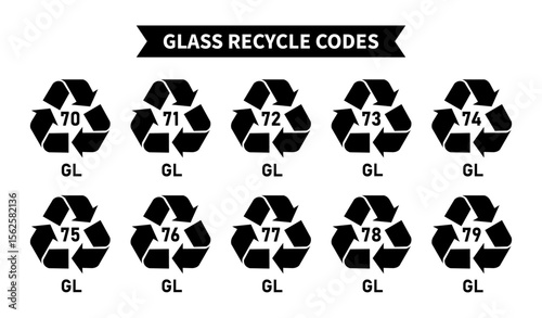 Glass recycling codes icon set, triangular glass and bottle recycling symbols, codes 70, 71, 72, 73, 74, 75, 76, 77, 78, 79 for factory and industrial products, gl symbols, Vector illustration