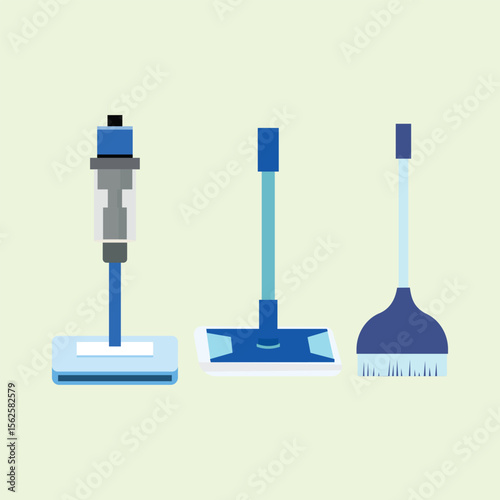 Illustration of home cleaning tools consisting of a spray mop, a flat mop, and a long-handled brush. Suitable for household design, cleaning activities, and daily cleaning supplies