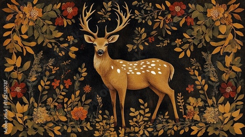 Illustration of a graceful deer with large antlers standing amidst a lush arrangement of autumnal flowers and foliage on a dark background