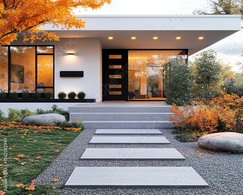 Modern white house entrance with large windows, black door, warm indoor lights, concrete stepping stones on gravel path, surrounded by autumn trees and shrubs