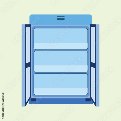 Illustration of a blue fridge with two open doors and three empty shelves, suitable for household appliances, kitchens, food coolers, minimalist designs, daily illustration needs.