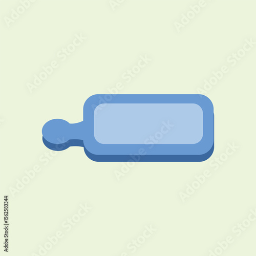 Illustration of a blue chopping board with handle, suitable for kitchen, cooking and household themes, minimalist style with a clean and bright light green background.