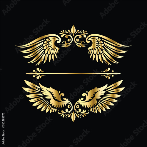 Gold floral round frame on black background. Vector design element for greeting card, wedding invitation, save the date card. Vintage gold floral round frame. Luxury design element. Vector illustrati
