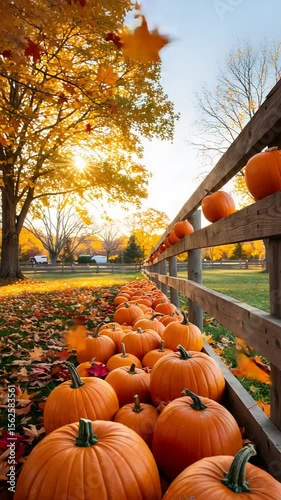 Autumn Pumpkins On Fence In Fall Foliage