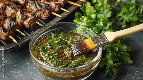 Chimichurri sauce presented in a clear bowl, with a barbecue brush resting beside grilled meat skewers and fresh parsley.