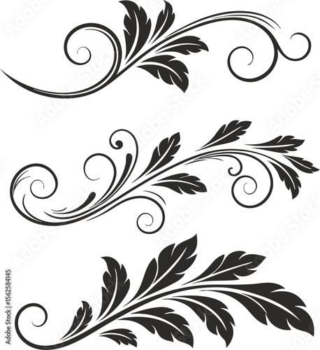 Black floral swirls and leaves decorative elements leaf