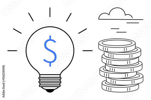 Lightbulb with dollar sign radiating light next to stacked coins under a minimalist cloud. Ideal for finance, innovation, investments, savings, business ideas, growth, and entrepreneurship concepts
