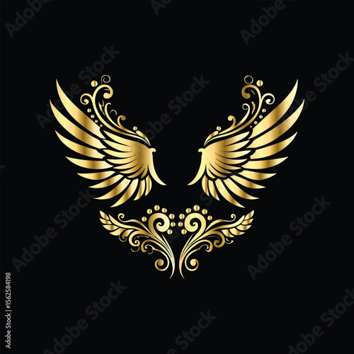 Gold floral round frame on black background. Vector design element for greeting card, wedding invitation, save the date card. Vintage gold floral round frame. Luxury design element. Vector illustrati
